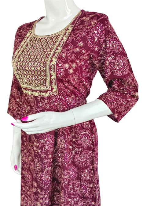 Dark maroon sequence work long umbrella kurti - Image 3