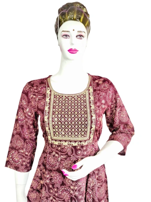 Dark maroon sequence work long umbrella kurti - Image 4