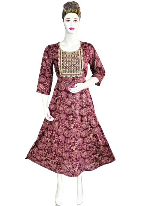 Dark maroon sequence work long umbrella kurti