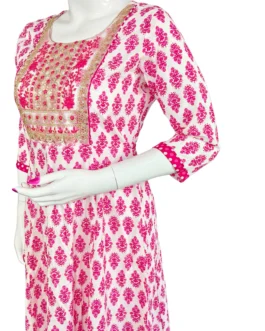 White and pink flower print sequence work long umbrella kurti