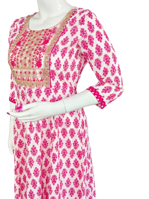 White and pink flower print sequence work long umbrella kurti - Image 2