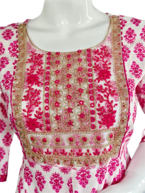 White and pink flower print sequence work long umbrella kurti - Image 4