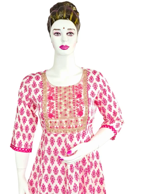 White and pink flower print sequence work long umbrella kurti - Image 3