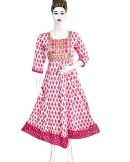 White and pink flower print sequence work long umbrella kurti