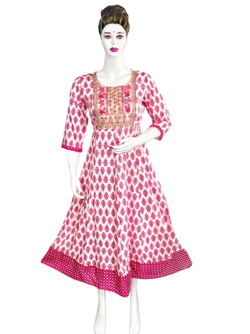 White and pink flower print sequence work long umbrella kurti