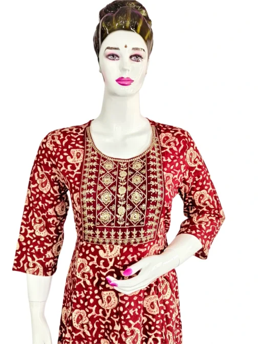Maroon color long umbrella batik print kurti - Image 3