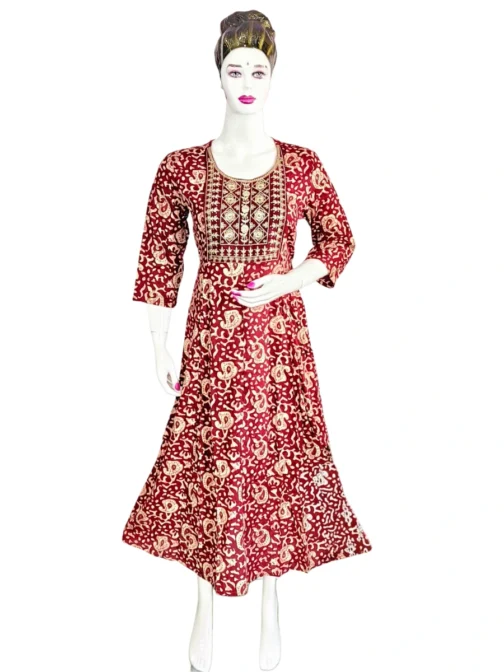 Maroon color long umbrella batik print kurti