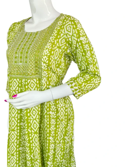 Parrot green and white batik print with sequence work long umbrella kurti - Image 3