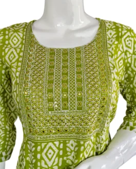 Parrot green and white batik print with sequence work long umbrella kurti