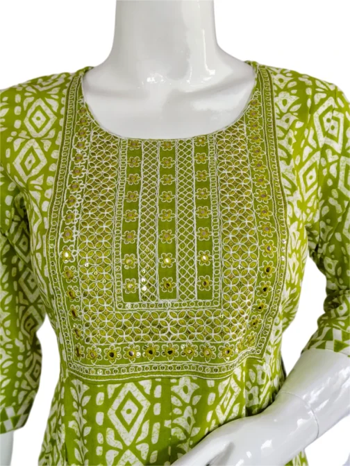 Parrot green and white batik print with sequence work long umbrella kurti - Image 2