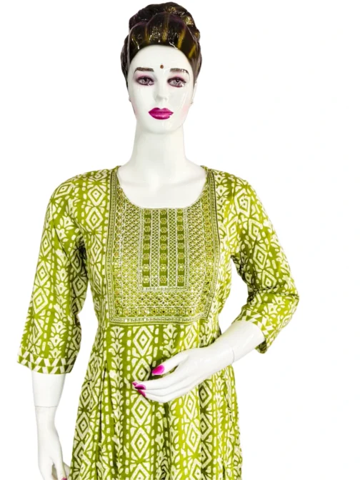 Parrot green and white batik print with sequence work long umbrella kurti - Image 4
