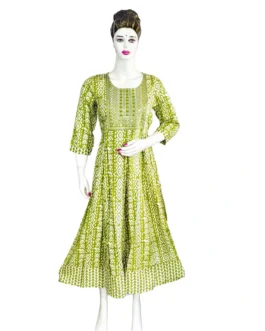 Parrot green and white batik print with sequence work long umbrella kurti