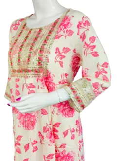 Cream and pink flower print long umbrella kurti
