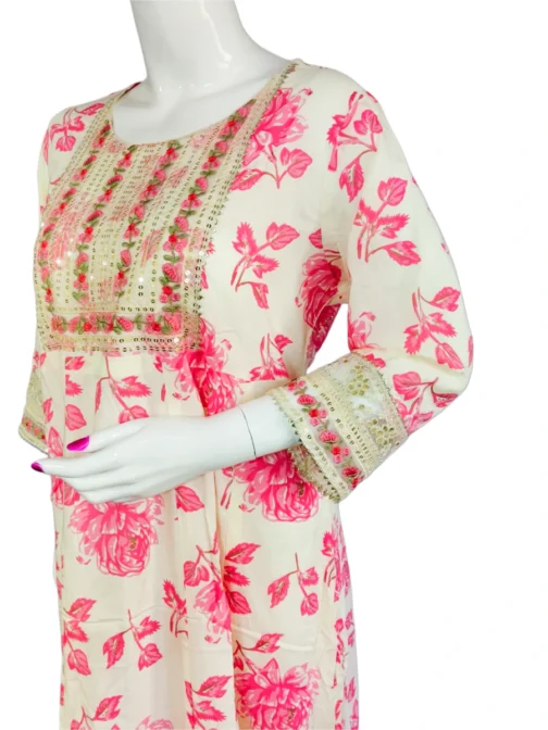 Cream and pink flower print long umbrella kurti - Image 2