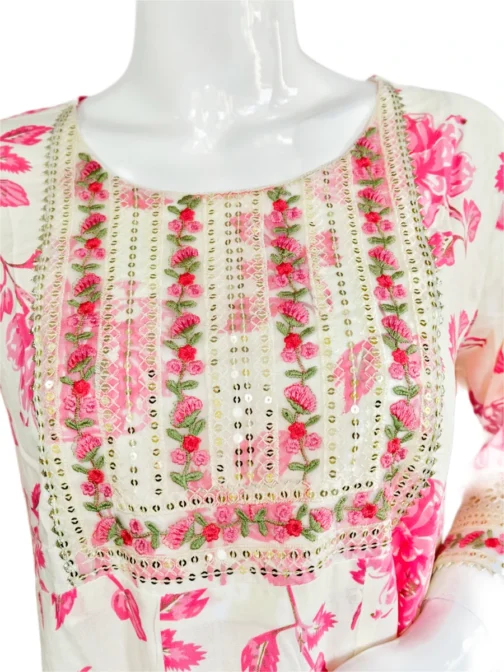 Cream and pink flower print long umbrella kurti - Image 3