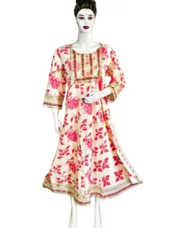 Cream and pink flower print long umbrella kurti