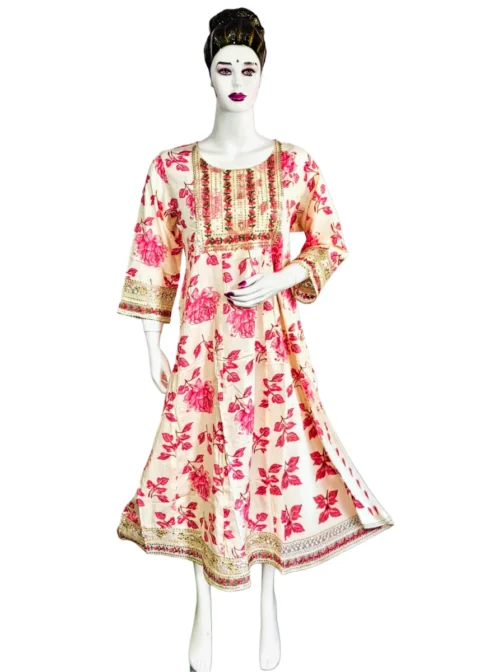 Cream and pink flower print long umbrella kurti