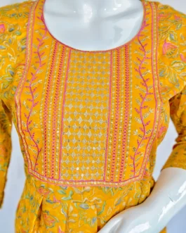 Yellow color short anarkali kurti with sequence work