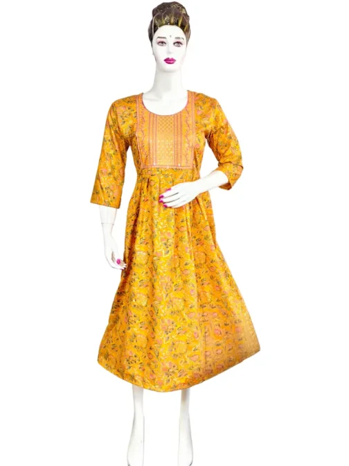 Yellow color short anarkali kurti with sequence work