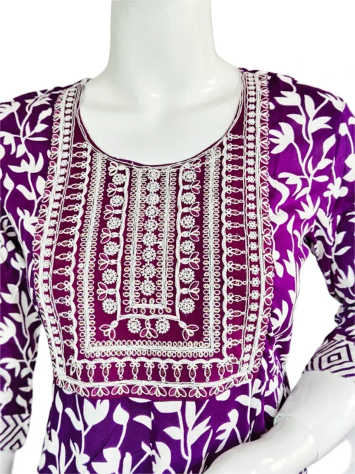 Dark purple and white flower print sequence work long umbrella kurti - Image 2