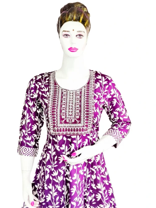 Dark purple and white flower print sequence work long umbrella kurti - Image 3