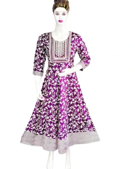 Dark purple and white flower print sequence work long umbrella kurti