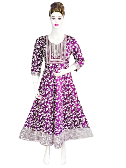 Dark purple and white flower print sequence work long umbrella kurti
