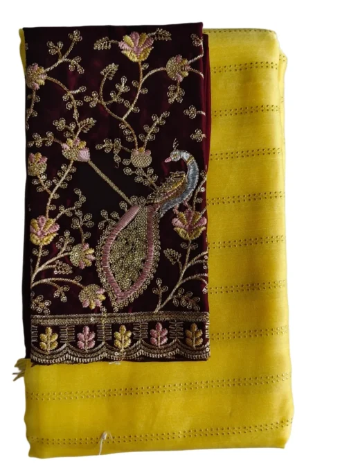 Yellow Colour Stripes Chiffon Saree With Designer Blouse