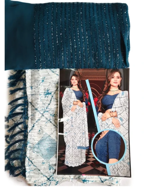 Blue And White Colour Saree With Designer Blouse