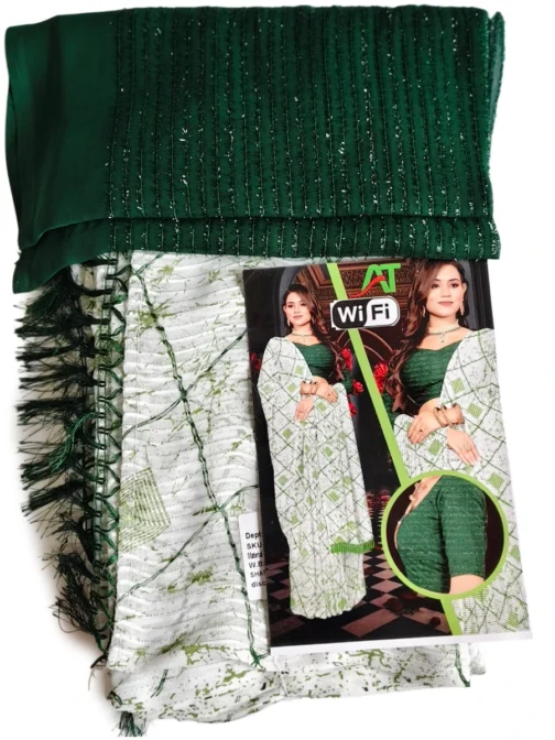 Green And White Colour Saree With Designer Blouse