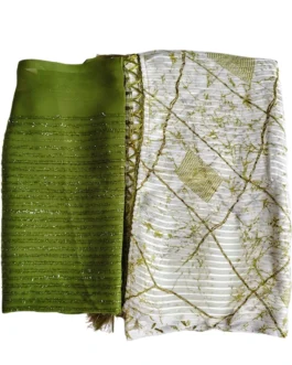 Light Green And White Colour Saree With Designer Blouse