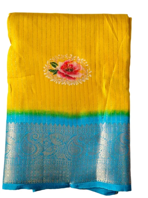 Yellow Colour Dola Silk Saree With Skyblue Border Premium Quality - Image 2