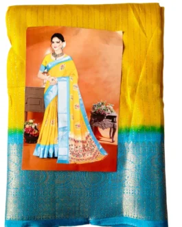 Yellow Colour Dola Silk Saree With Skyblue Border Premium Quality