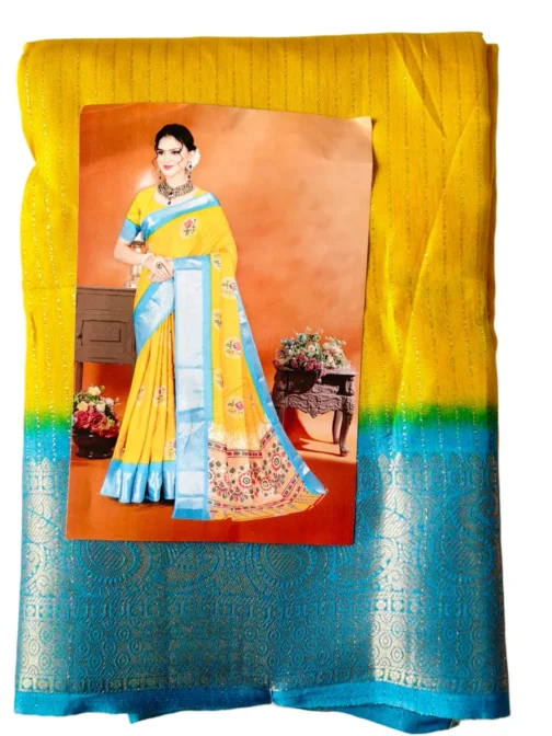 Yellow Colour Dola Silk Saree With Skyblue Border Premium Quality