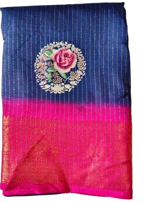 Navyblue Colour Dola Silk Saree With Pink Border Premium Quality - Image 2