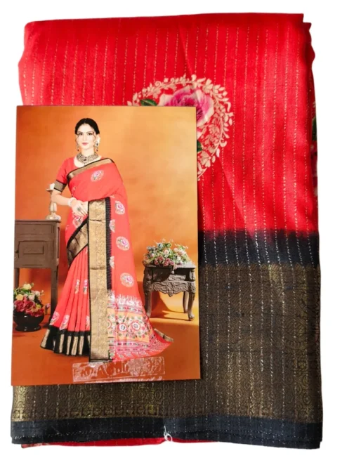 Red Colour Dola Silk Saree With Black Border Premium Quality