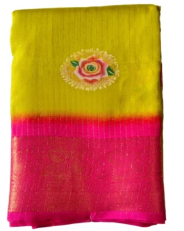 Rani Pink Colour Dola Silk Saree With Yellow Border Premium Quality