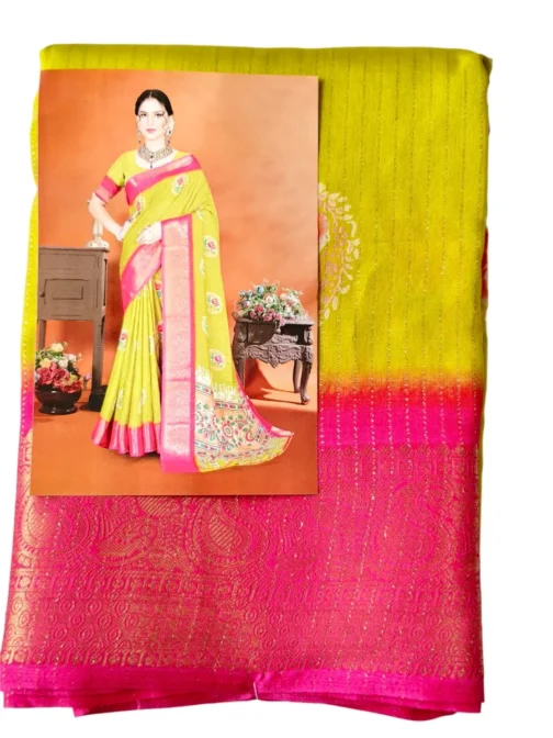 Rani Pink Colour Dola Silk Saree With Yellow Border Premium Quality