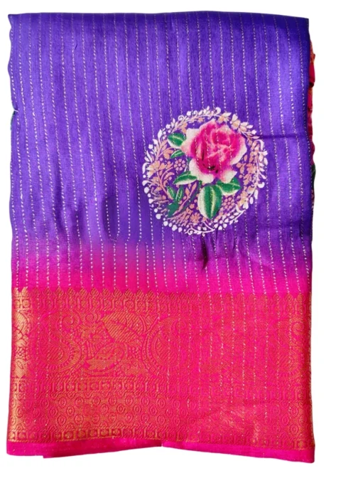 Purple Colour Dola Silk Saree With Pink Border Premium Quality - Image 2