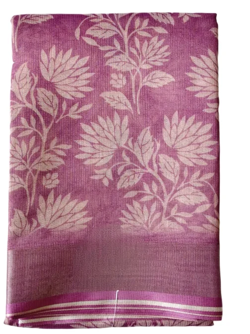 Lavender Colour With Shimmer White Flower Print Linen Saree - Image 2