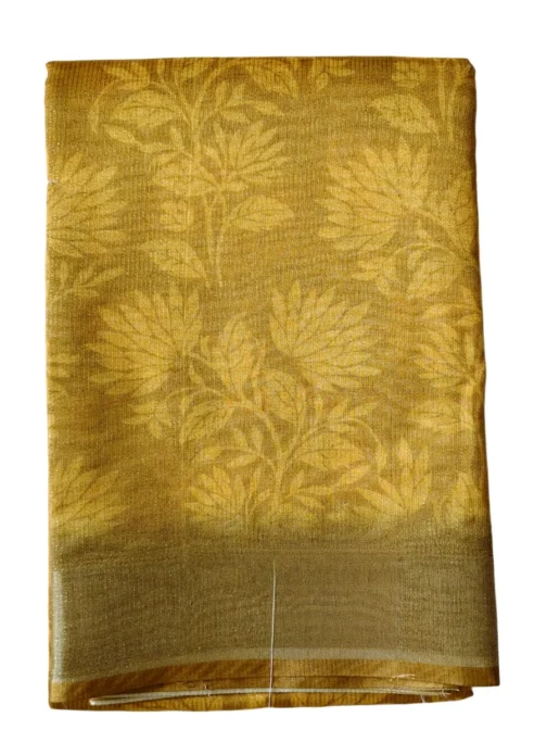 Gold Colour With Shimmer White Flower Print Linen Saree - Image 2