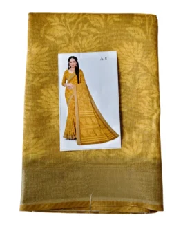 Gold Colour With Shimmer White Flower Print Linen Saree