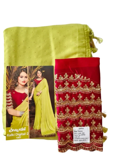 Parrot Green Colour Chiffon Saree With Designer Work Blouse