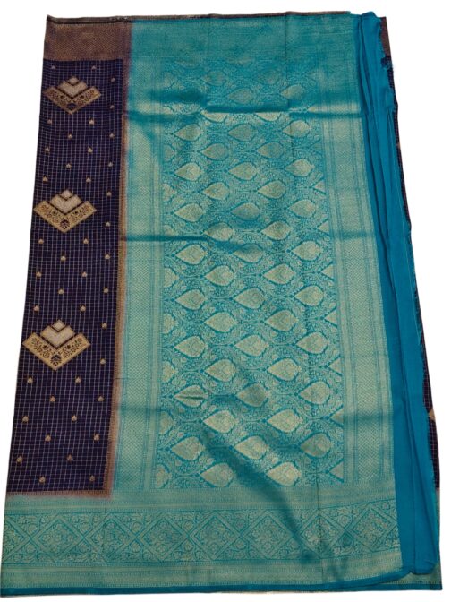 Navy Blue Checks Flower Design With Skyblue Rich Border - Image 2
