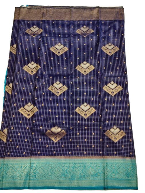 Navy Blue Checks Flower Design With Skyblue Rich Border - Image 3