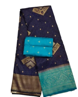 Navy Blue Checks Flower Design With Skyblue Rich Border
