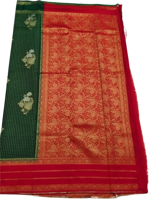 Bottle Green Checks Flower Design With Red Rich Border - Image 3