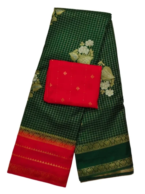 Bottle Green Checks Flower Design With Red Rich Border - Image 4