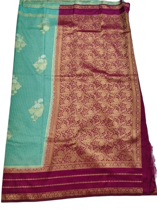 Light Pista Checks Flower Design With Maroon Rich Border - Image 3