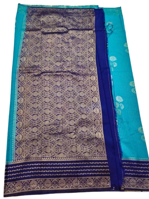 Dark Skyblue Checks Flower Design With Navy Blue Rich Border - Image 3